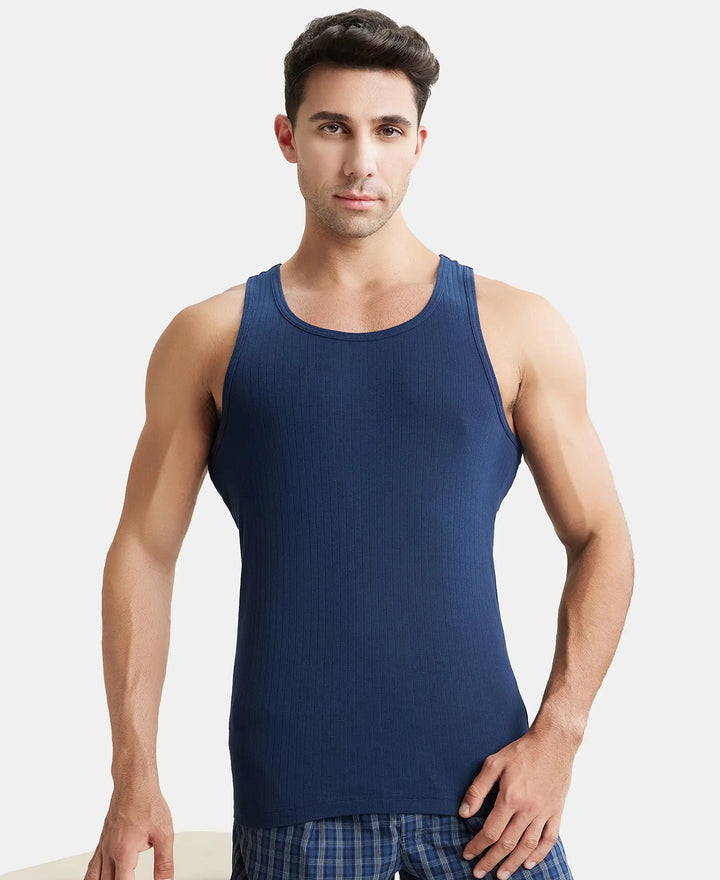 Super Combed Cotton Rib Round Neck with Racer Back Gym Vest - Navy-5
