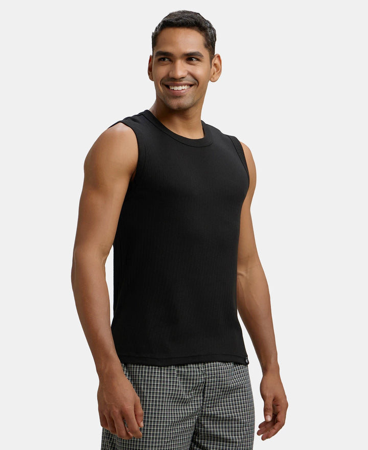 Super Combed Cotton Rib Solid Round Neck Muscle Vest - Black-2