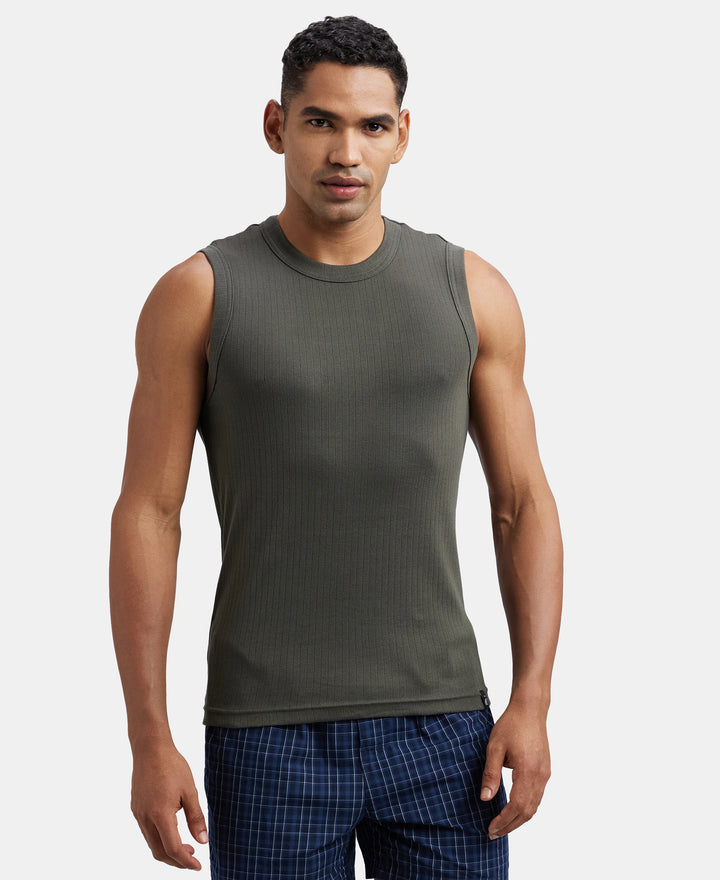 Super Combed Cotton Rib Solid Round Neck Muscle Vest - Deep Olive-1