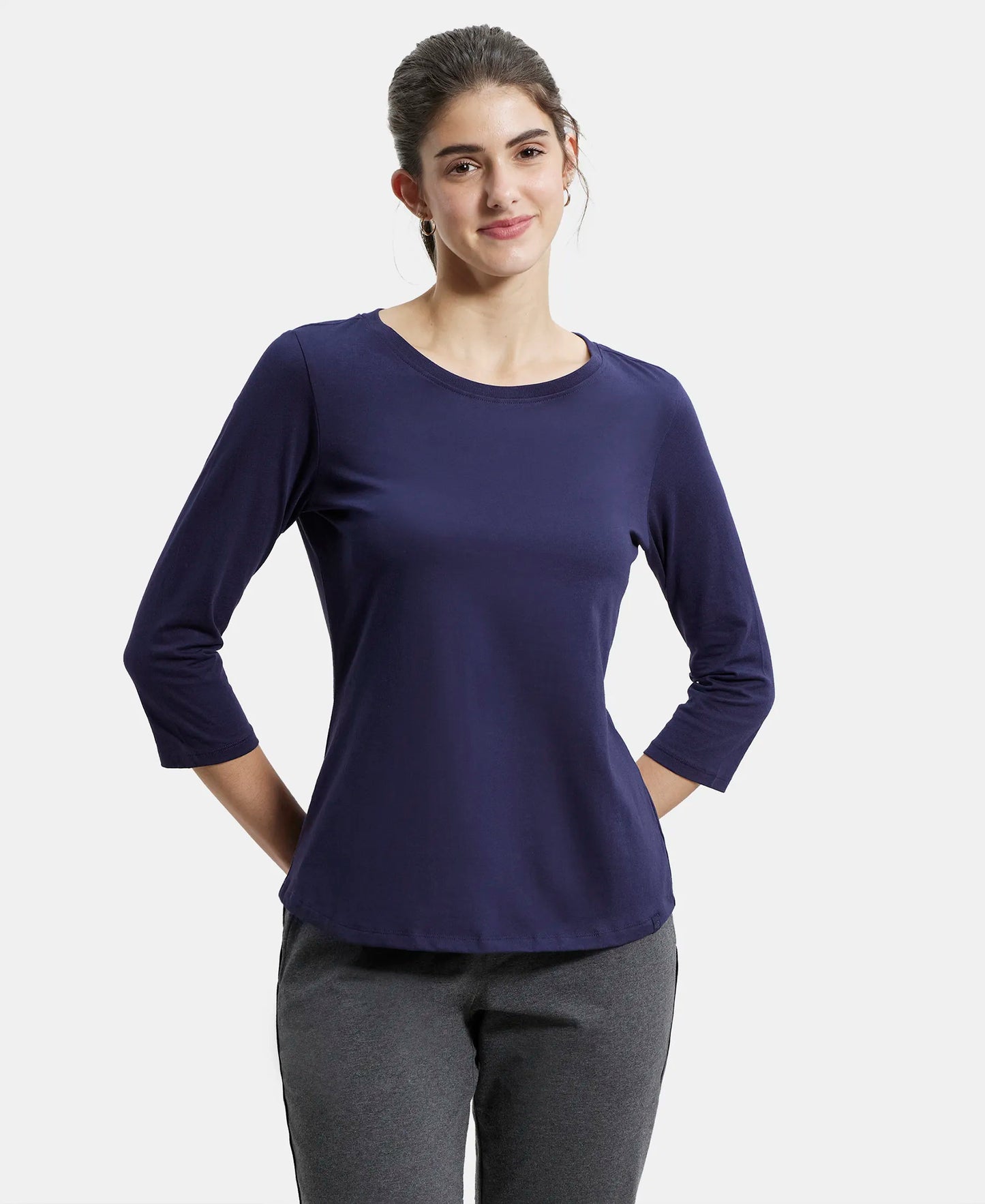 Super Combed Cotton Rich Relaxed Fit Solid Round Neck Three Quarter Sleeve T-Shirt - Classic Navy-1