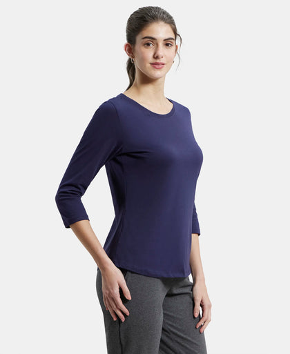 Super Combed Cotton Rich Relaxed Fit Solid Round Neck Three Quarter Sleeve T-Shirt  - Classic Navy-2