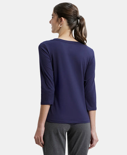 Super Combed Cotton Rich Relaxed Fit Solid Round Neck Three Quarter Sleeve T-Shirt  - Classic Navy-3