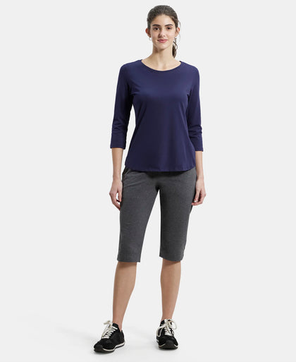 Super Combed Cotton Rich Relaxed Fit Solid Round Neck Three Quarter Sleeve T-Shirt  - Classic Navy-4