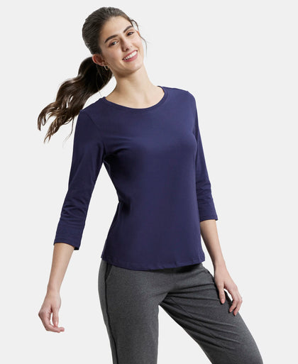Super Combed Cotton Rich Relaxed Fit Solid Round Neck Three Quarter Sleeve T-Shirt  - Classic Navy-5