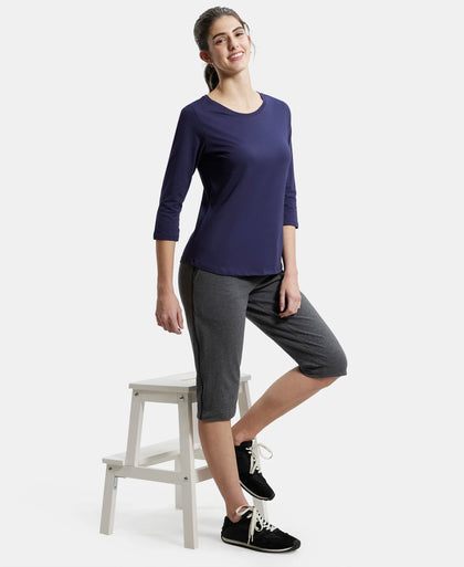 Super Combed Cotton Rich Relaxed Fit Solid Round Neck Three Quarter Sleeve T-Shirt  - Classic Navy-6