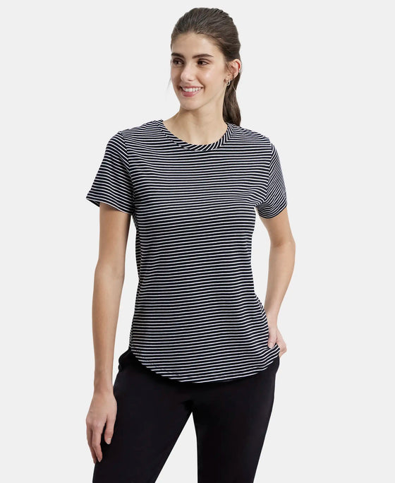 Super Combed Cotton Stripe Fabric Relaxed Fit Round Neck Half Sleeve T-Shirt with Curved Hem Styling - Black-1