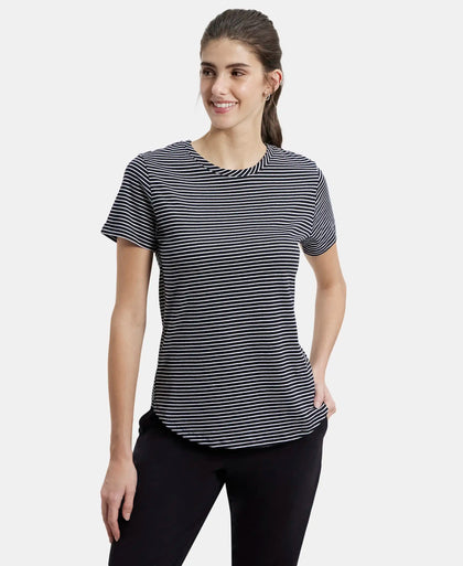 Super Combed Cotton Stripe Fabric Relaxed Fit Round Neck Half Sleeve T-Shirt with Curved Hem Styling - Black-1