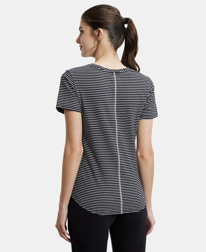 Super Combed Cotton Stripe Fabric Relaxed Fit Round Neck Half Sleeve T-Shirt with Curved Hem Styling - Black-3
