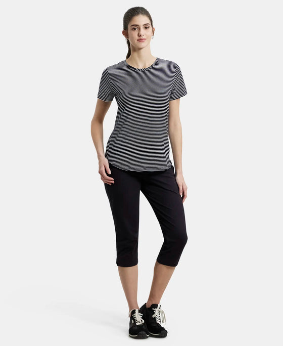 Super Combed Cotton Stripe Fabric Relaxed Fit Round Neck Half Sleeve T-Shirt with Curved Hem Styling - Black-4