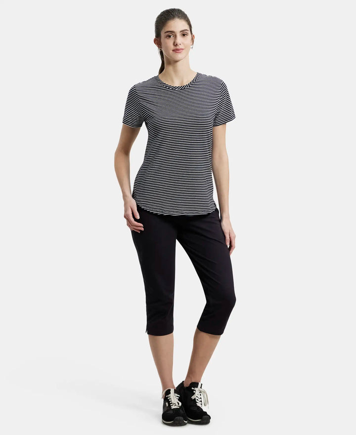 Super Combed Cotton Stripe Fabric Relaxed Fit Round Neck Half Sleeve T-Shirt with Curved Hem Styling - Black-4