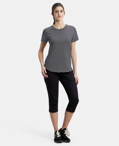 Super Combed Cotton Stripe Fabric Relaxed Fit Round Neck Half Sleeve T-Shirt with Curved Hem Styling - Black-4