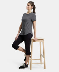 Super Combed Cotton Stripe Fabric Relaxed Fit Round Neck Half Sleeve T-Shirt with Curved Hem Styling - Black-6