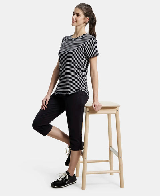 Super Combed Cotton Stripe Fabric Relaxed Fit Round Neck Half Sleeve T-Shirt with Curved Hem Styling - Black-6
