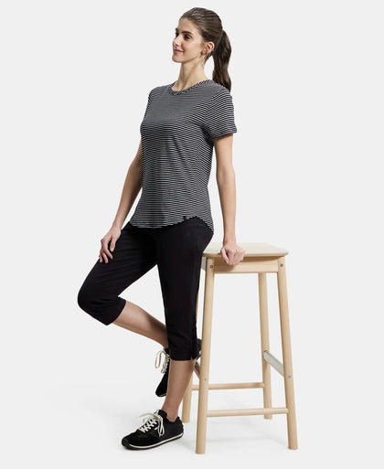 Super Combed Cotton Stripe Fabric Relaxed Fit Round Neck Half Sleeve T-Shirt with Curved Hem Styling - Black-6