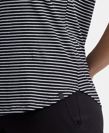 Super Combed Cotton Stripe Fabric Relaxed Fit Round Neck Half Sleeve T-Shirt with Curved Hem Styling - Black-8