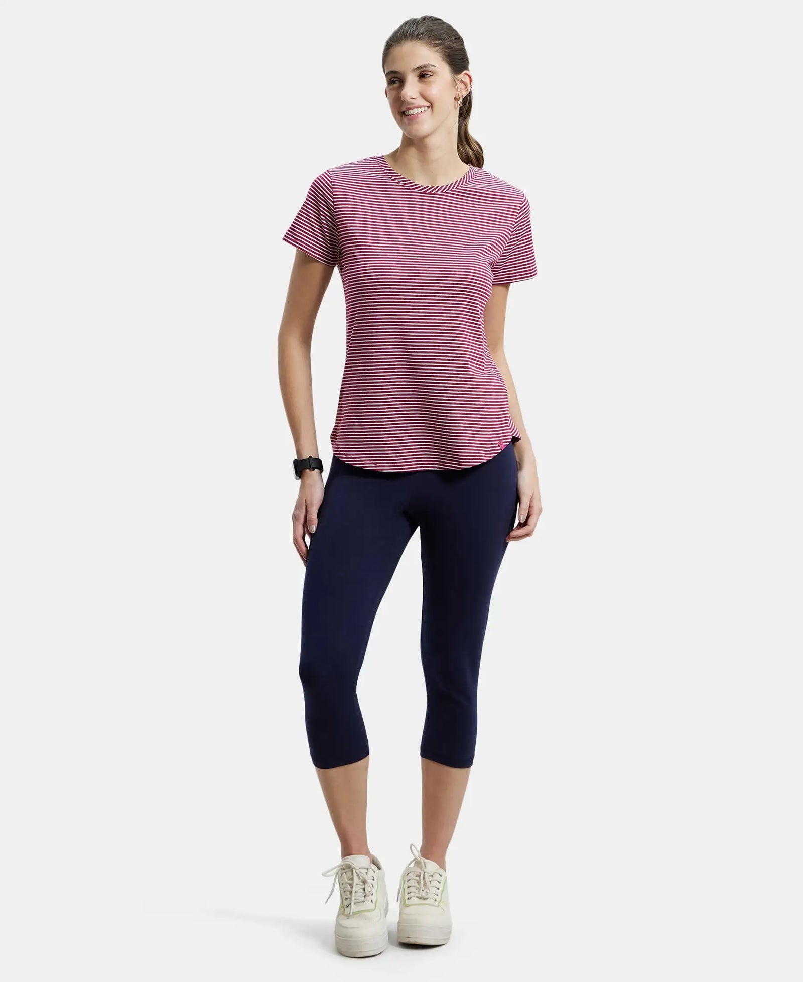 Super Combed Cotton Stripe Fabric Relaxed Fit Round Neck Half Sleeve T-Shirt with Curved Hem Styling - Red Plum-4