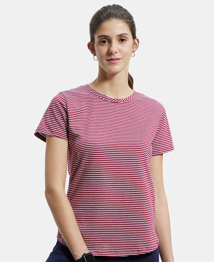 Super Combed Cotton Stripe Fabric Relaxed Fit Round Neck Half Sleeve T-Shirt with Curved Hem Styling - Red Plum-5