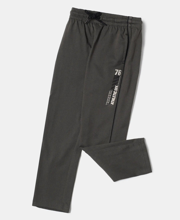 Super Combed Cotton Rich Graphic Printed Trackpants with Contrast Side Piping - Deep Olive-5