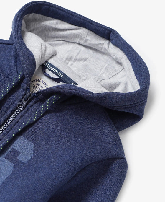 Super Combed Cotton Rich Fleece Fabric Graphic Printed Hoodie Jacket - Ink Blue Melange-3