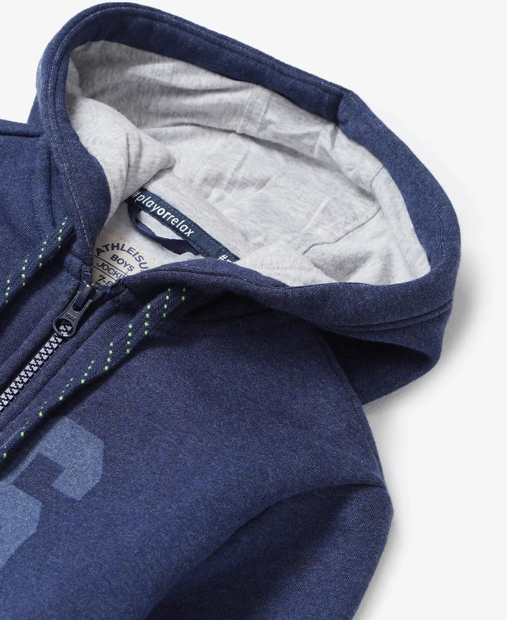 Super Combed Cotton Rich Fleece Fabric Graphic Printed Hoodie Jacket - Ink Blue Melange-3