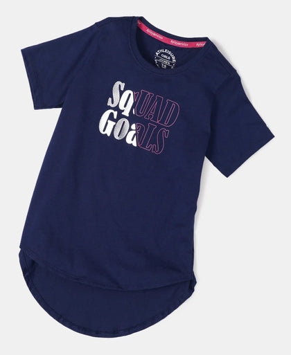 Super Combed Cotton Graphic Printed Short Sleeve T-Shirt with Hi Low Hem - Imperial Blue-5