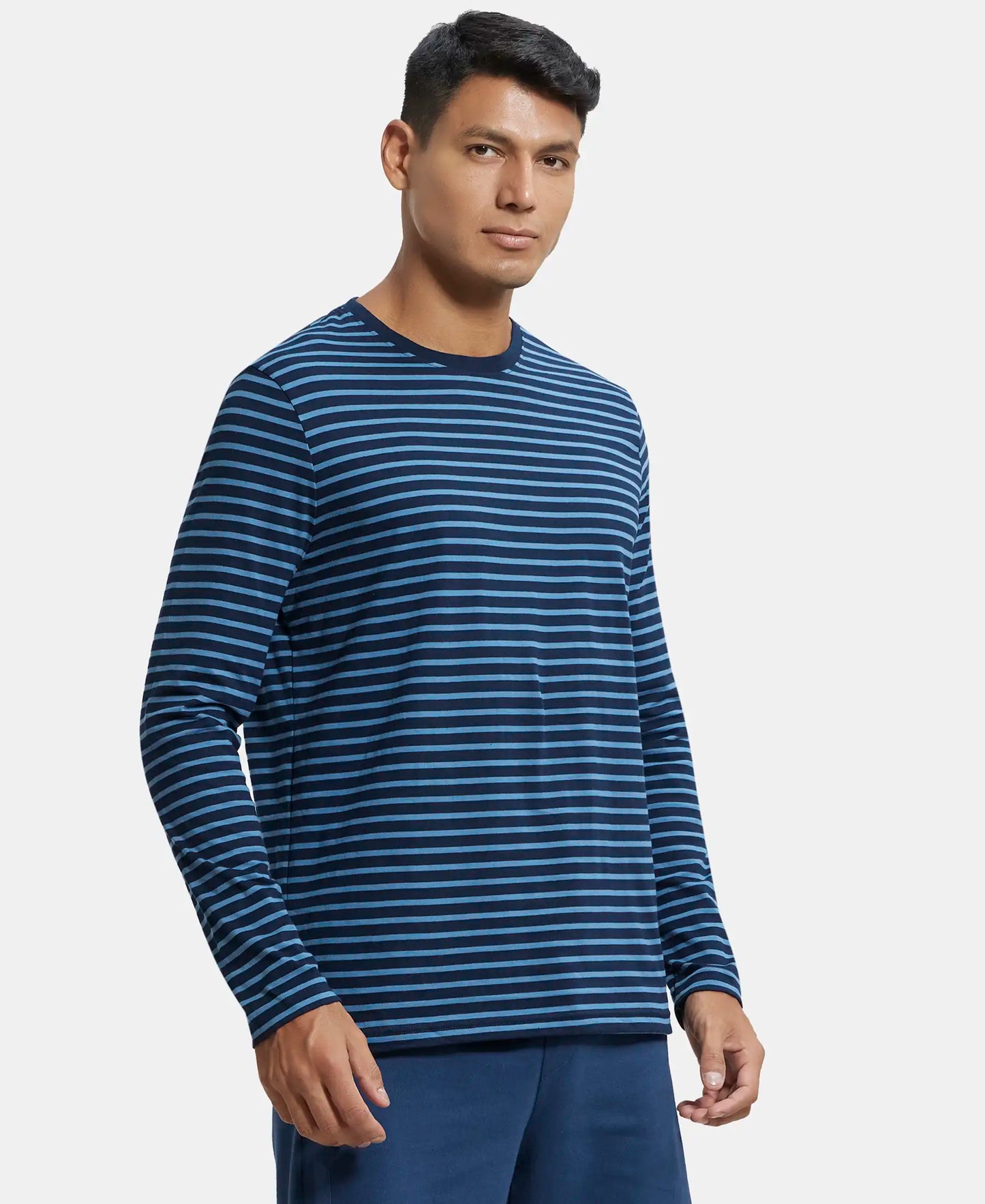 Super Combed Cotton Rich Striped Round Neck Full Sleeve T-Shirt - Navy Seaport Teal-2