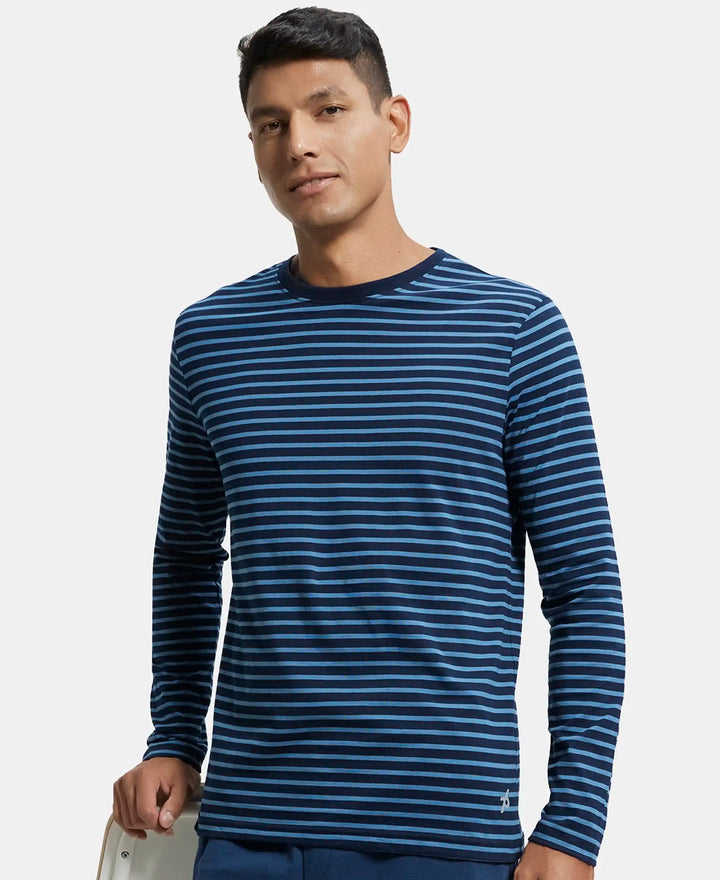 Super Combed Cotton Rich Striped Round Neck Full Sleeve T-Shirt - Navy Seaport Teal-5
