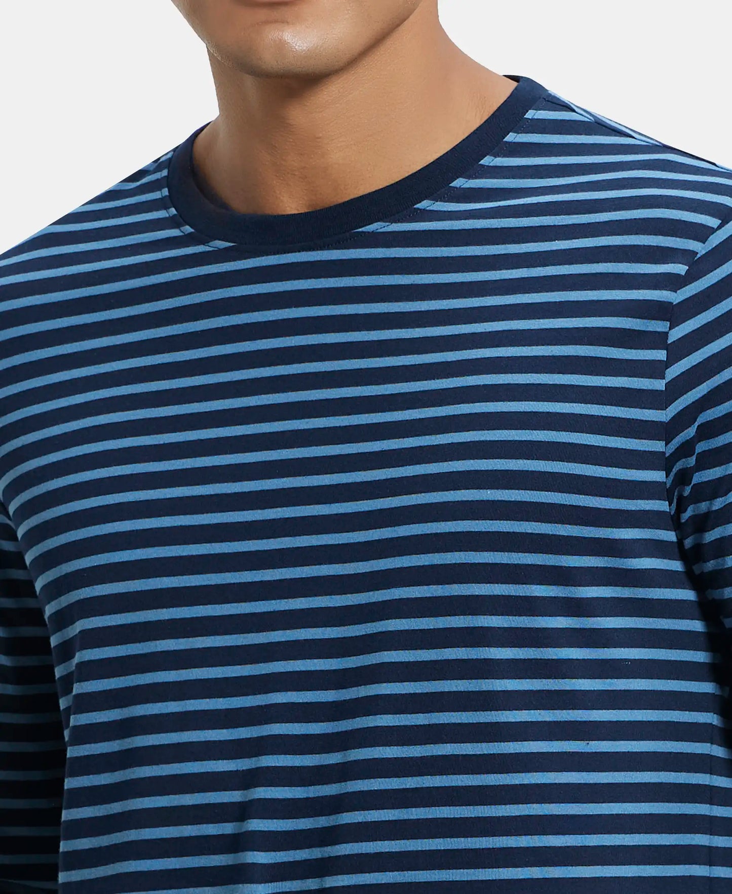 Super Combed Cotton Rich Striped Round Neck Full Sleeve T-Shirt - Navy Seaport Teal-6