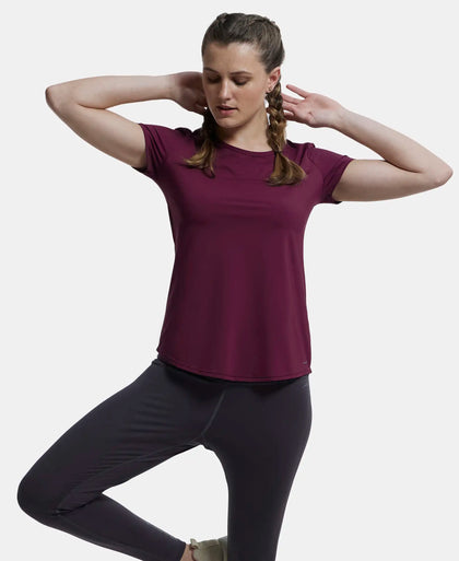 Tactel Microfiber Elastane Relaxed Fit Solid Curved Hem Styled Half Sleeve T-Shirt - Wine Tasting-6