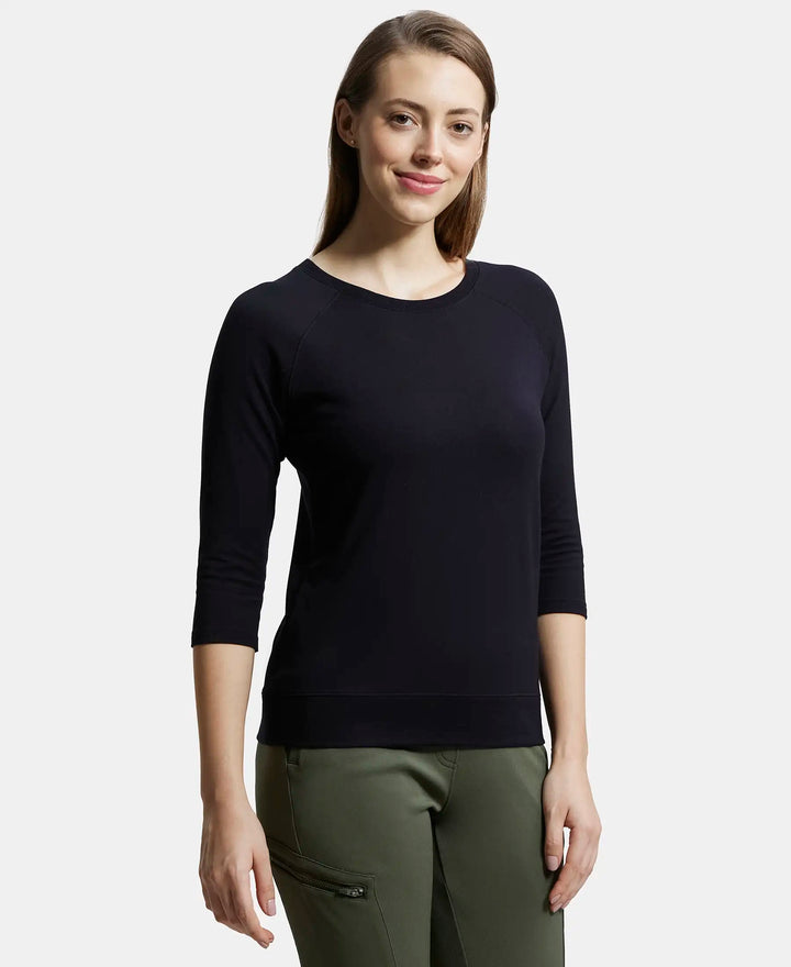 Super Combed Cotton Viscose Elastane Regular Fit Solid Round Neck Three Quarter Sleeve T-Shirt - Black-2