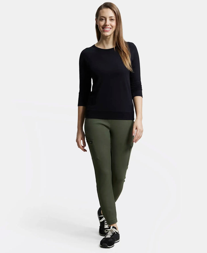 Super Combed Cotton Viscose Elastane Regular Fit Solid Round Neck Three Quarter Sleeve T-Shirt - Black-4