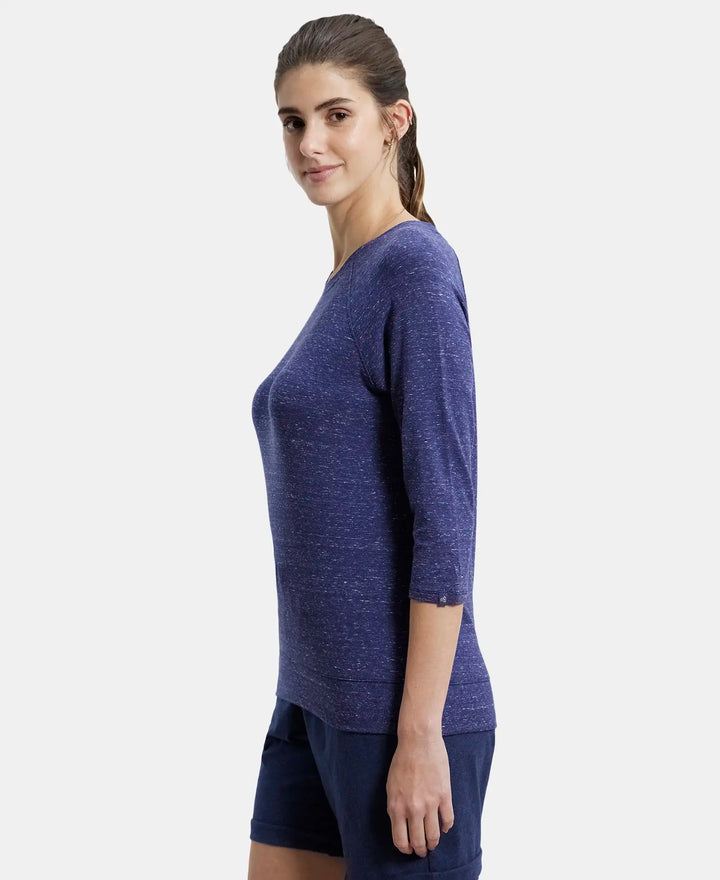 Super Combed Cotton Viscose Elastane Regular Fit Solid Round Neck Three Quarter Sleeve T-Shirt - Imperial Blue Snow Melange-2
