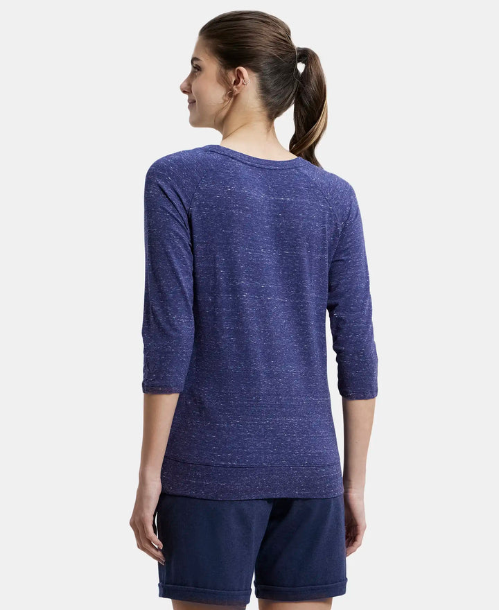 Super Combed Cotton Viscose Elastane Regular Fit Solid Round Neck Three Quarter Sleeve T-Shirt - Imperial Blue Snow Melange-3