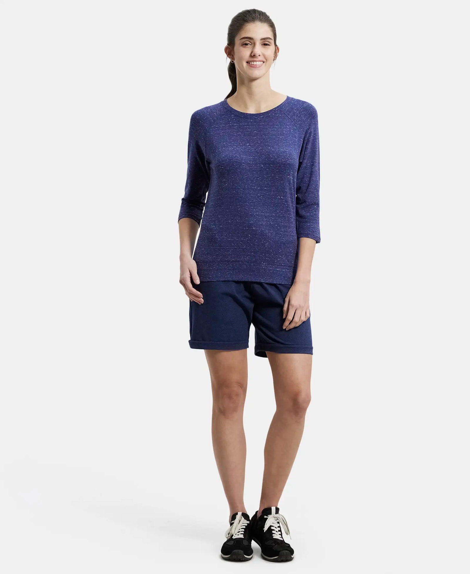 Super Combed Cotton Viscose Elastane Regular Fit Solid Round Neck Three Quarter Sleeve T-Shirt - Imperial Blue Snow Melange-4