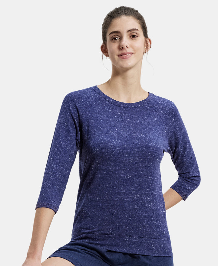 Super Combed Cotton Viscose Elastane Regular Fit Solid Round Neck Three Quarter Sleeve T-Shirt - Imperial Blue Snow Melange-5