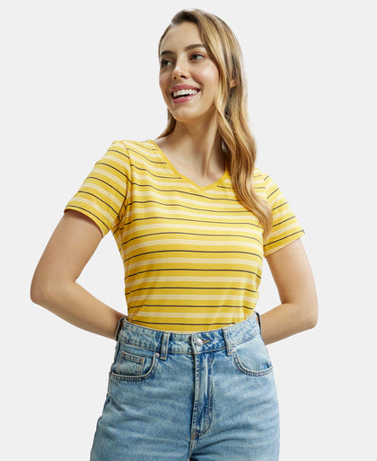 Super Combed Cotton Elastane Stretch Regular Fit Yarn Dyed Striped V Neck Half Sleeve T-Shirt - Golden Rod-5