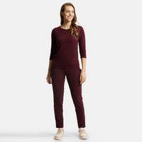 Super Combed Cotton Elastane French Terry Straight Fit Trackpants with Side Pockets - Wine Tasting-4