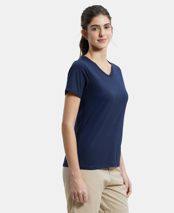 Super Combed Cotton Rich Fabric Relaxed Fit V-Neck Half Sleeve T-Shirt - Navy Blazer-2