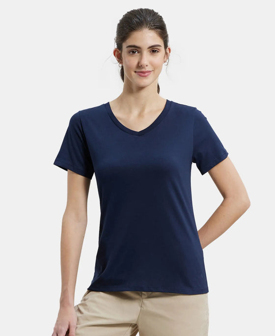 Super Combed Cotton Rich Fabric Relaxed Fit V-Neck Half Sleeve T-Shirt - Navy Blazer-5
