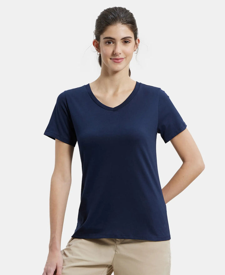 Super Combed Cotton Rich Fabric Relaxed Fit V-Neck Half Sleeve T-Shirt - Navy Blazer-5