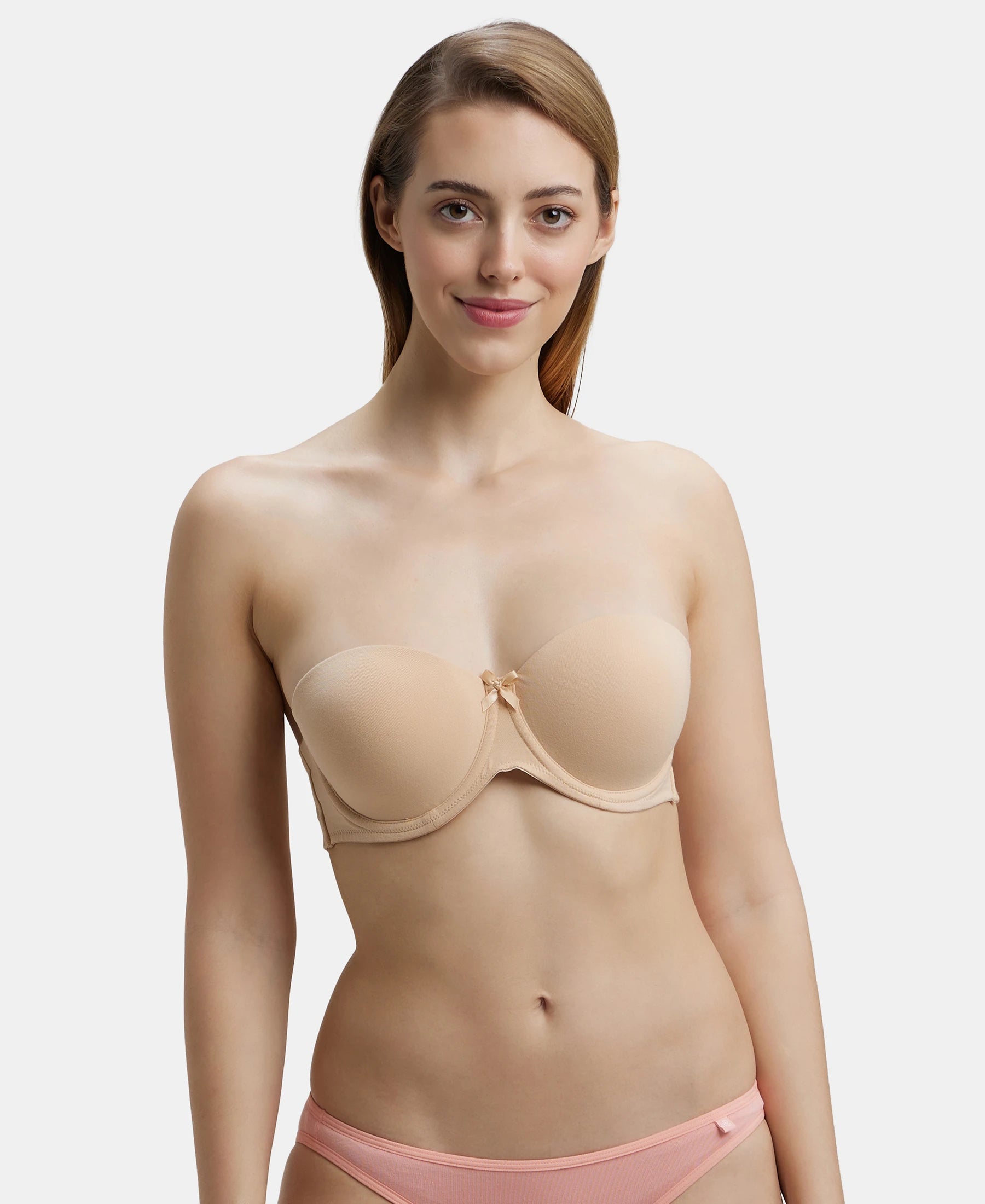 Under-Wired Padded Super Combed Cotton Elastane Stretch Full Coverage  Strapless Bra with Ultra-Grip Support Band - Skin
