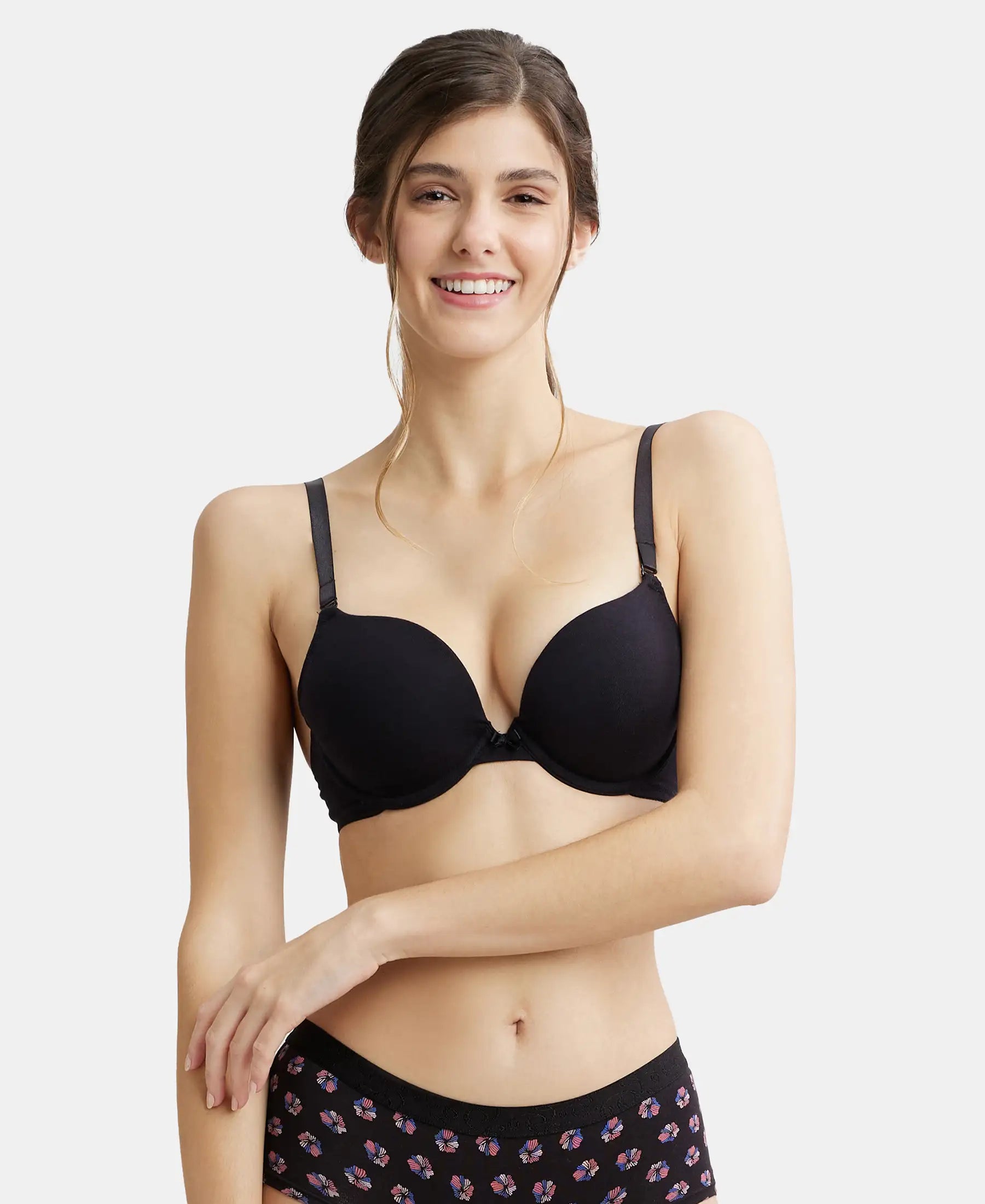 Wired Padded Super Combed Cotton Elastane Stretch Medium Coverage Pushup  Bra with Plunge Neck - Black