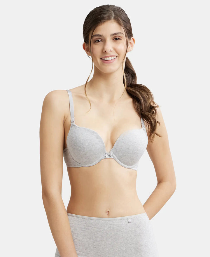 Wired Padded Super Combed Cotton Elastane Medium Coverage Pushup Bra with Plunge Neck - Steel Grey Melange-1