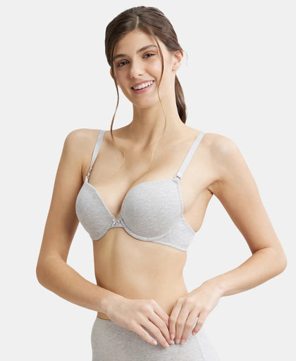 Wired Padded Super Combed Cotton Elastane Medium Coverage Pushup Bra with Plunge Neck - Steel Grey Melange-5