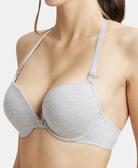Wired Padded Super Combed Cotton Elastane Medium Coverage Pushup Bra with Plunge Neck - Steel Grey Melange-7