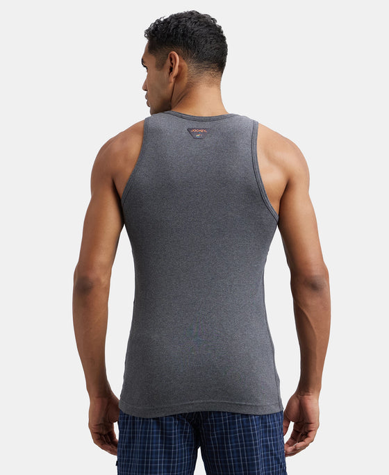 Super Combed Cotton Rib Round Neck Sleeveless Vest - Charcoal Melange & Neon Orange-3