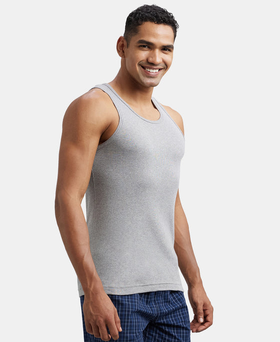 Super Combed Cotton Rib Round Neck Sleeveless Vest - Grey Melange & Teal Green-2