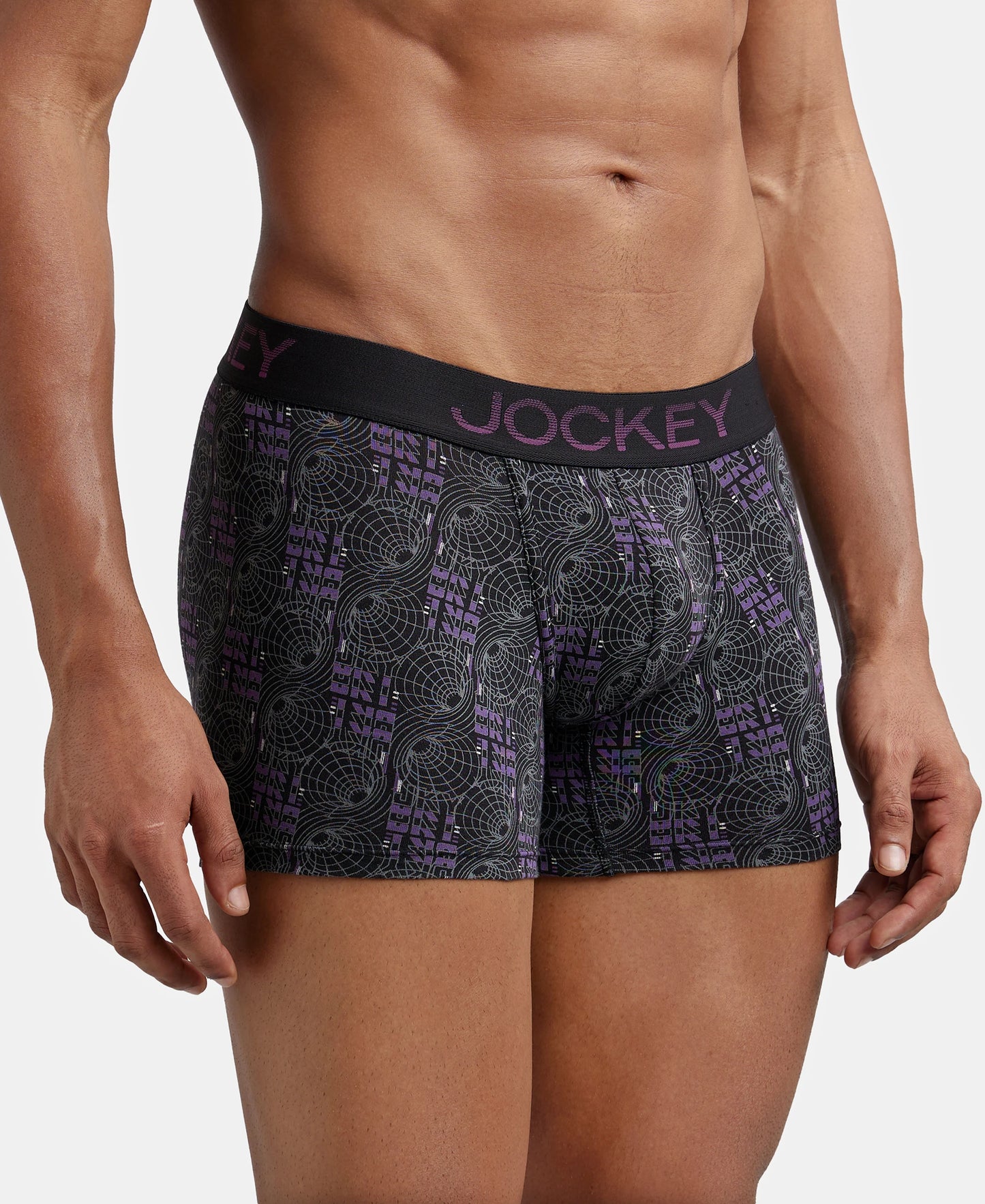 Super Combed Cotton Elastane Printed Trunk with Ultrasoft Waistband - Black & Plum-2