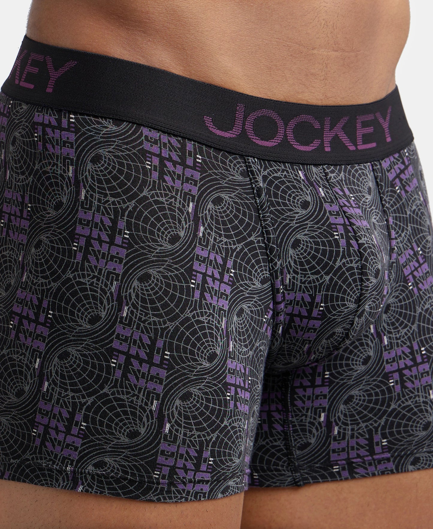 Super Combed Cotton Elastane Printed Trunk with Ultrasoft Waistband - Black & Plum-7