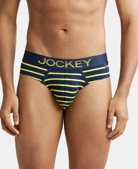 Super Combed Cotton Elastane Stripe Brief with Ultrasoft Waistband - Navy Blue & Empire Yellow Striped-1